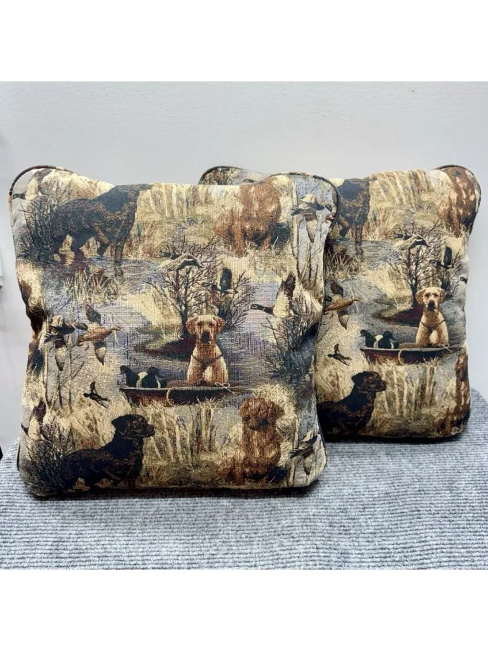 Lot Of 2 Field And Stream 18” Throw Pillows Tapestry Hunting Dog Labrador Bear